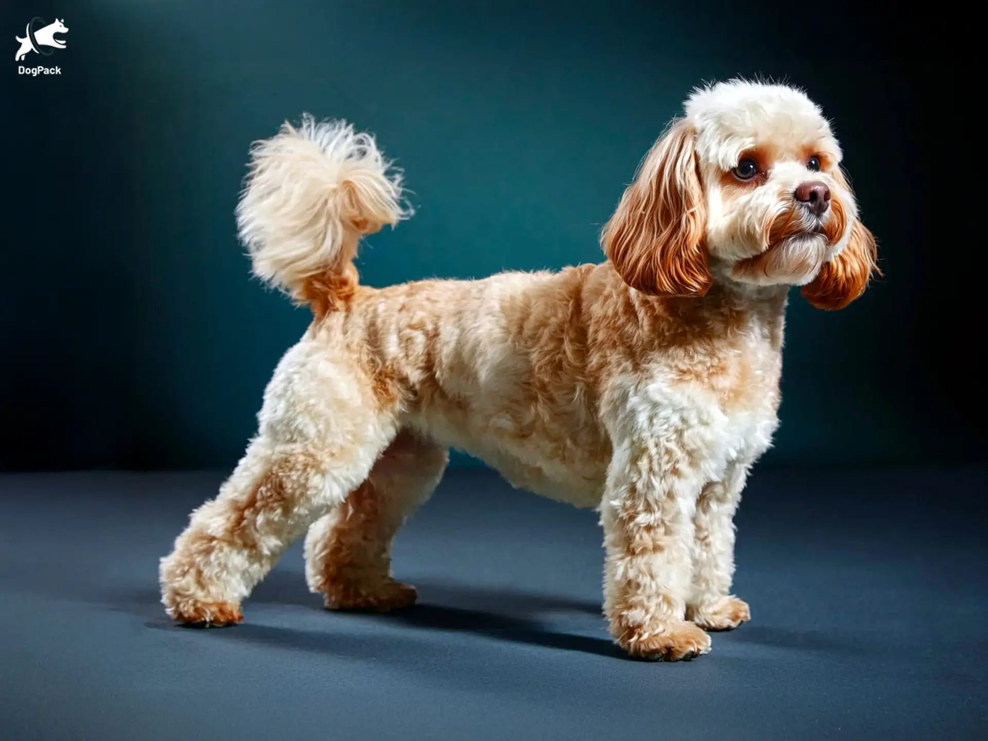 Cockapoo dog breed full body view standing against green background