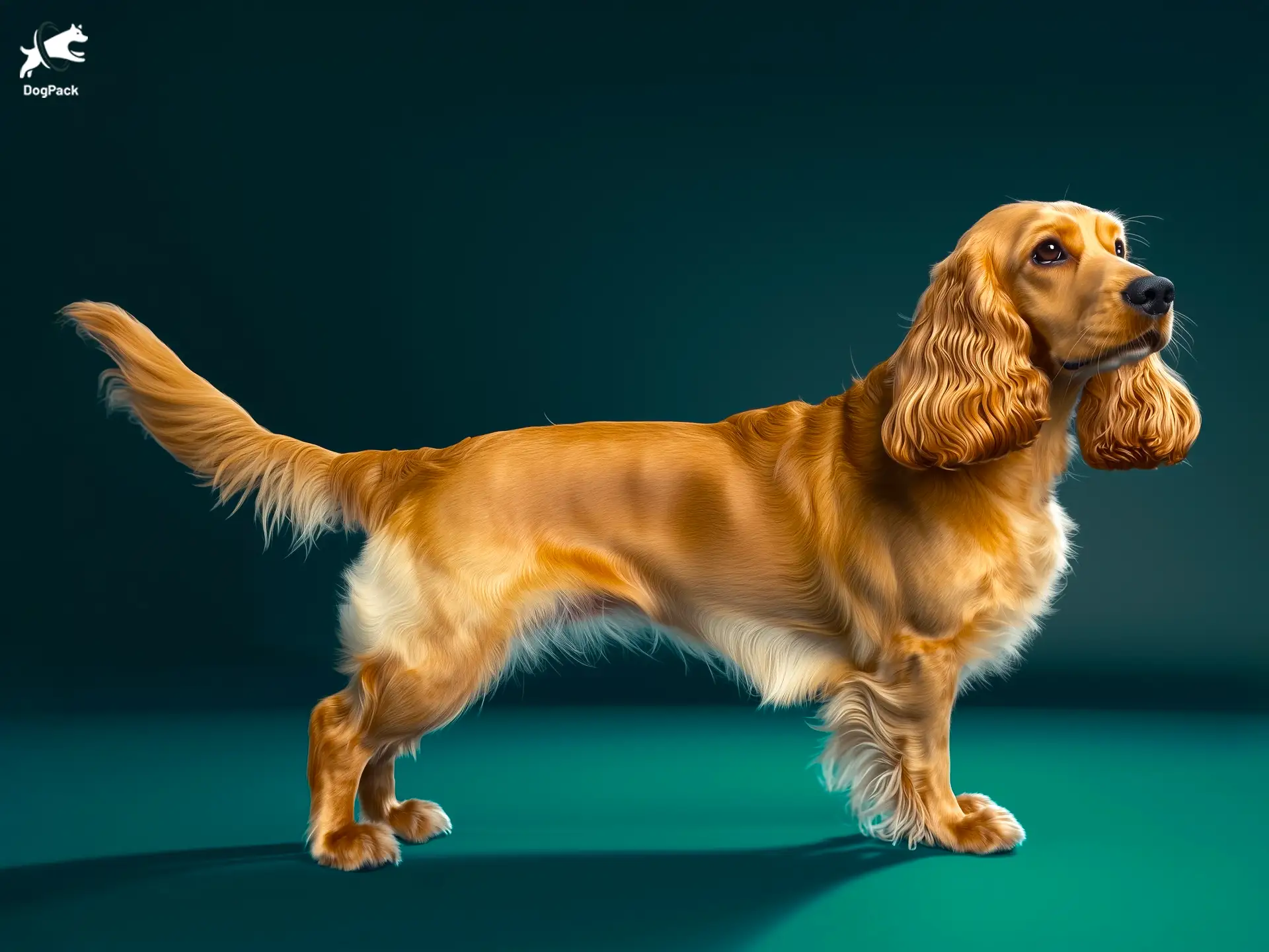 Cocker Spaniel dog breed full body view standing against green background