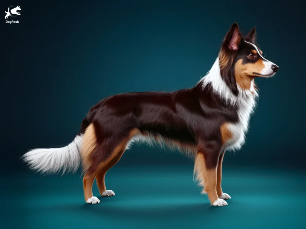 A side view of a tricolor Collie with a smooth coat, standing in profile on a dark cyan background, looking forward