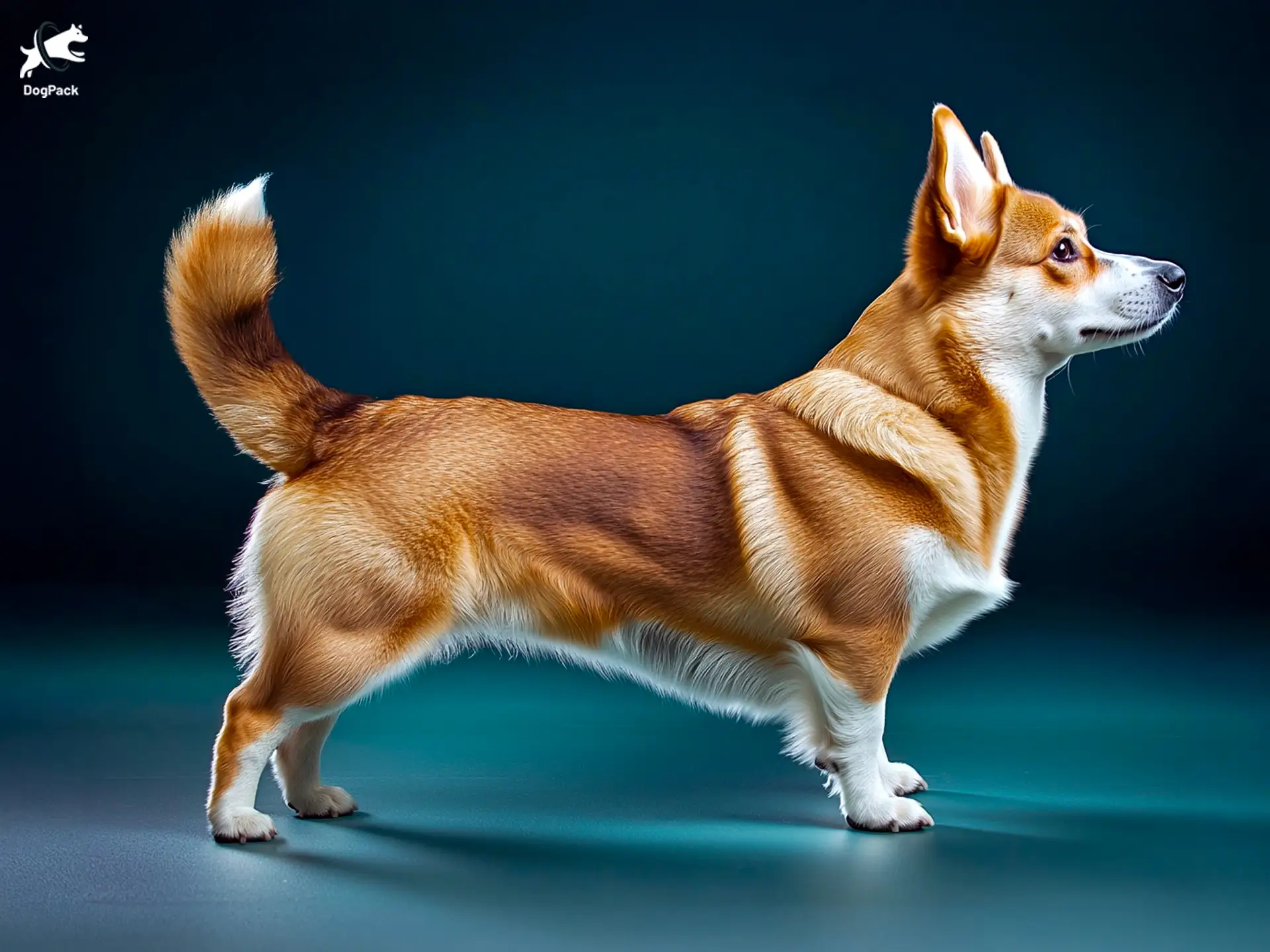 Corgi Inu dog breed full body view standing against green background