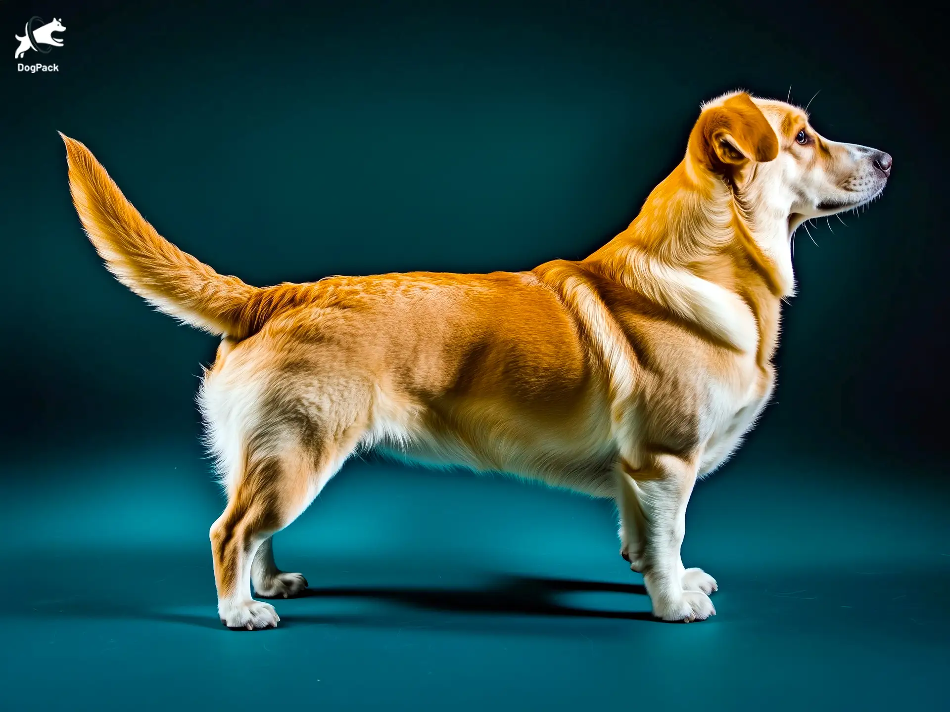 Corgidor dog breed full body view standing against green background