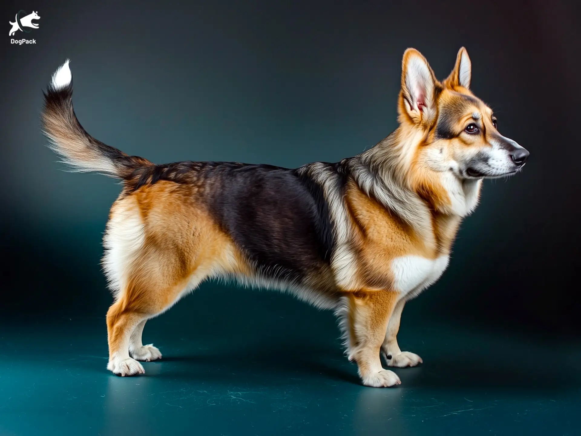 Corman Shepherd dog breed full body view standing against green background