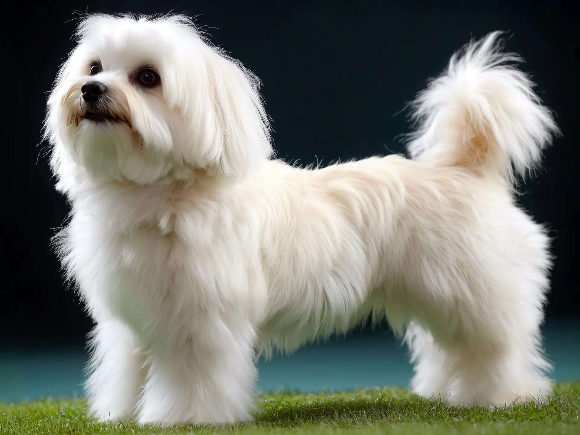 Coton de Tulear dog with fluffy white fur standing on green grass