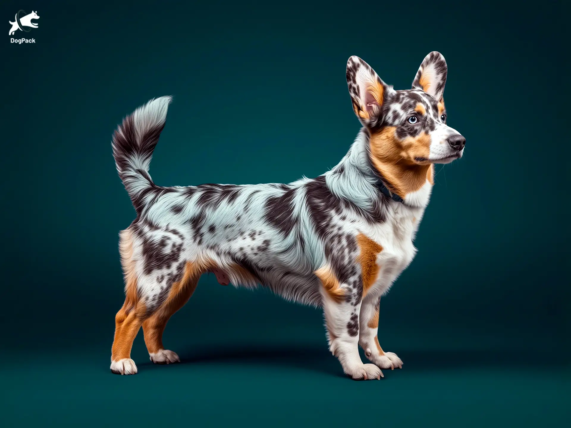 Cowboy Corgi dog breed full body view standing against green background