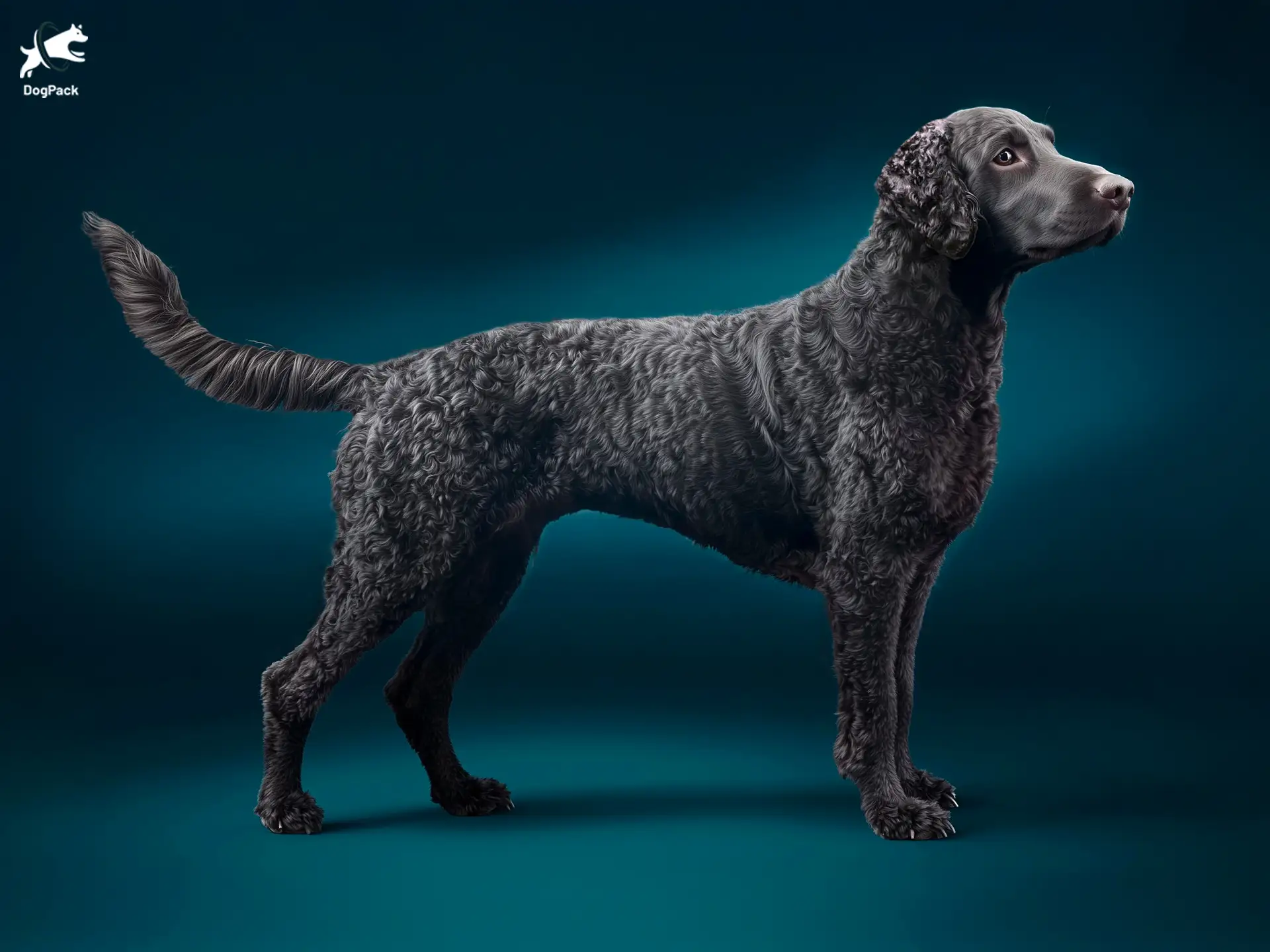 Curly-Coated Retriever dog breed full body view standing against green background