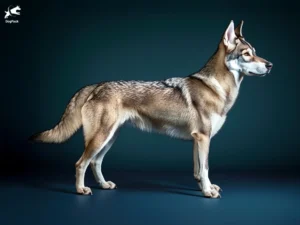 Czechoslovakian Wolfdog dog breed full body view standing against green background