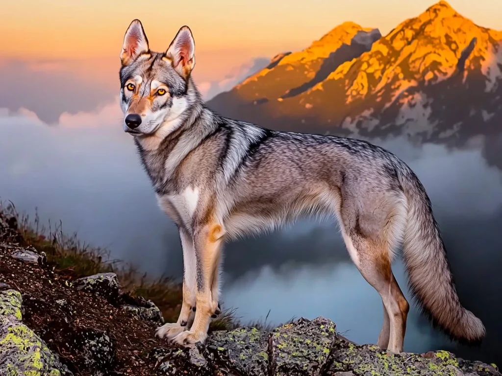 Czechoslovakian Wolfdog standing on a misty mountain ridge, showcasing wolf-like traits with its gray coat, amber eyes, and muscular build in a wild, rugged setting.