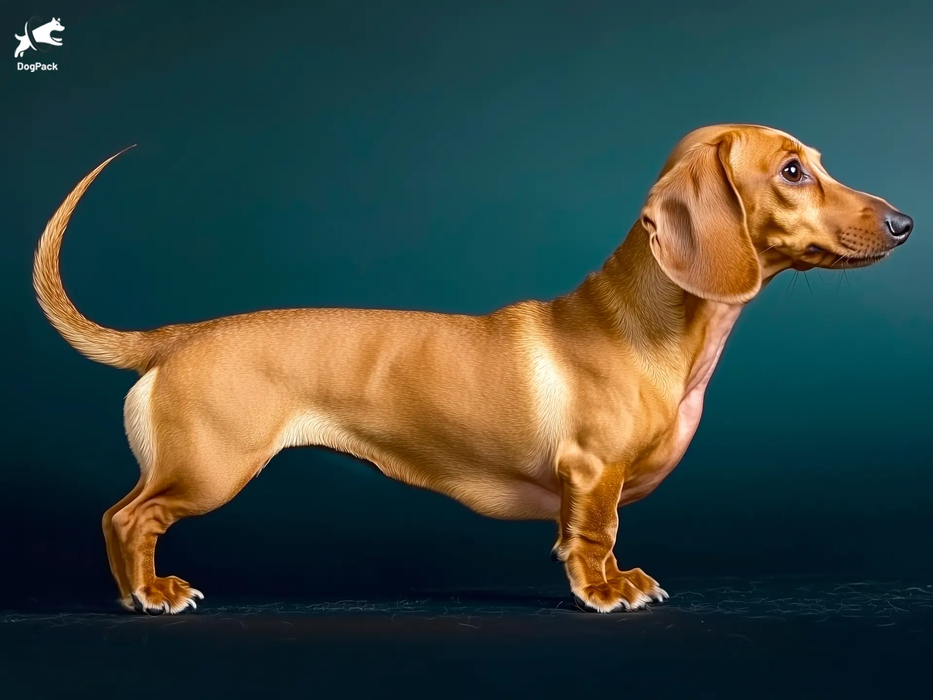 Dachshund dog breed full body view standing against green background