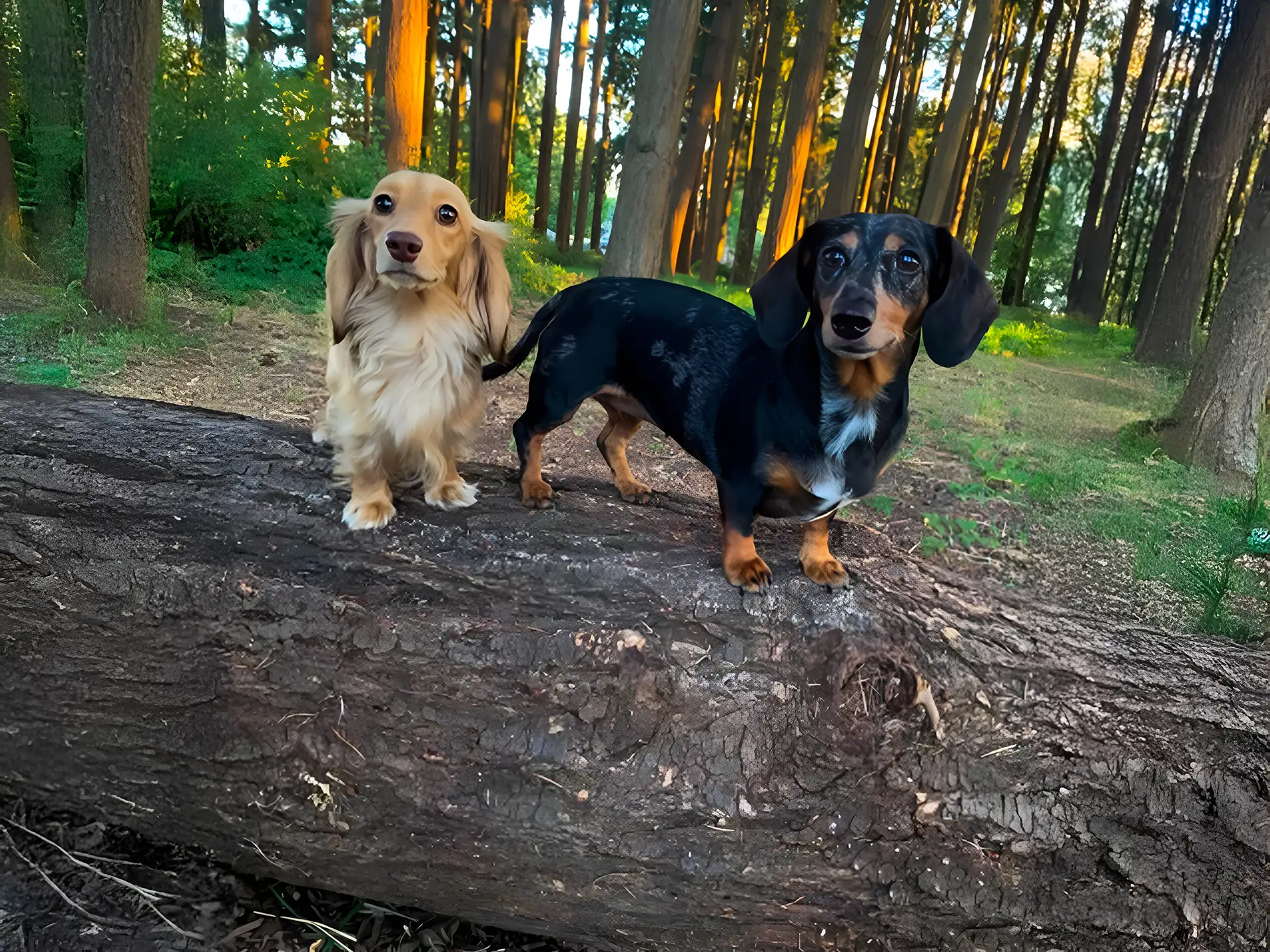 Two Dachshunds standing on a fallen tree in a forest.