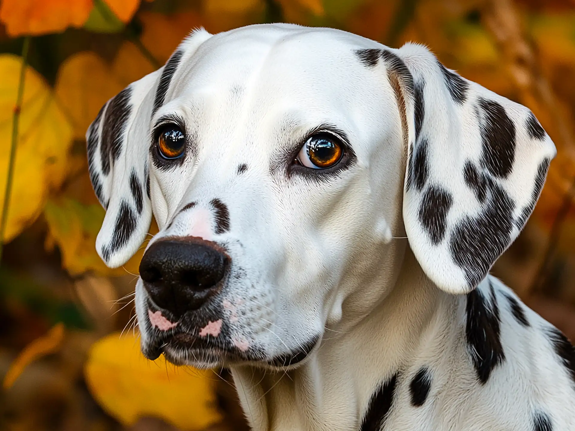 Close-up of a Dalmatian with striking black spots and alert expression