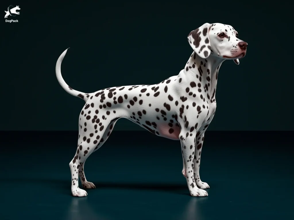 Dalmatian dog breed full body view standing against green background