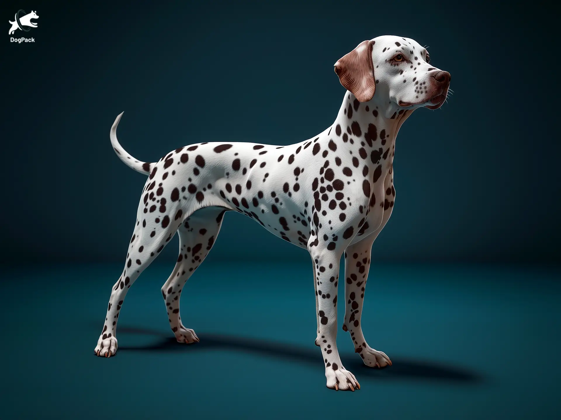 Full body side profile of a Dalmatian dog with black spots on a dark teal background