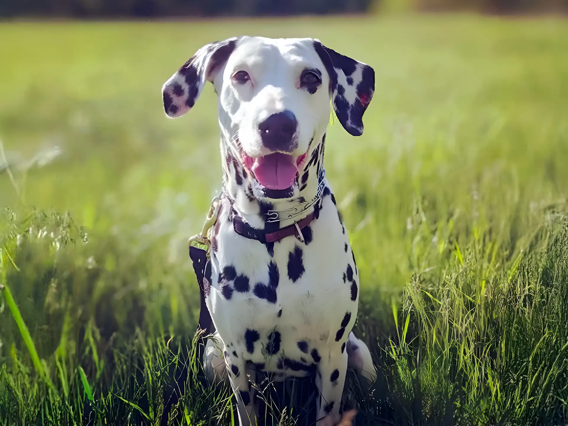 Dalmatian dog sitting in a grassy field on a sunny day with a happy expression