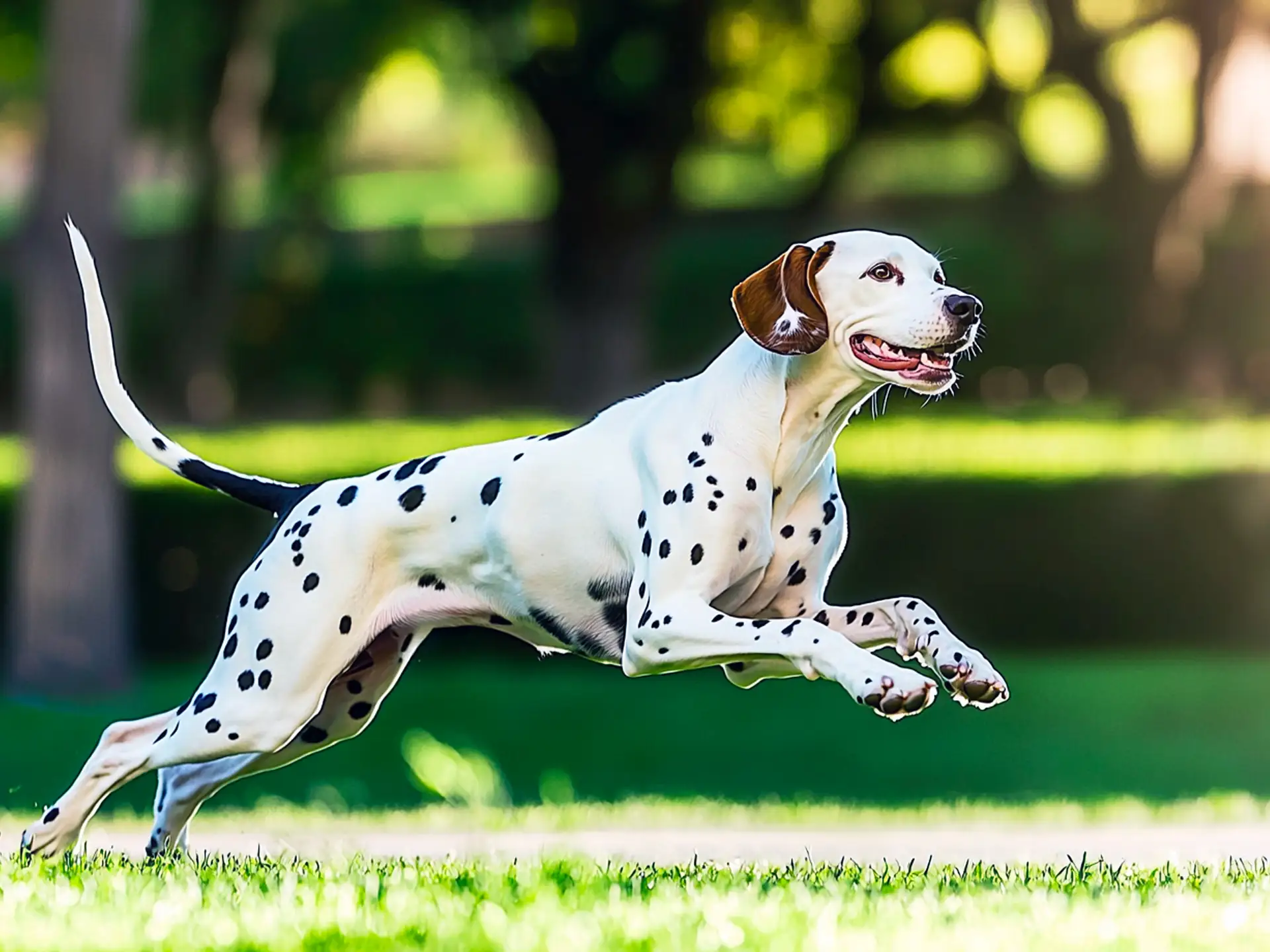 Dalmatian joyfully running across a grassy park, showcasing athleticism