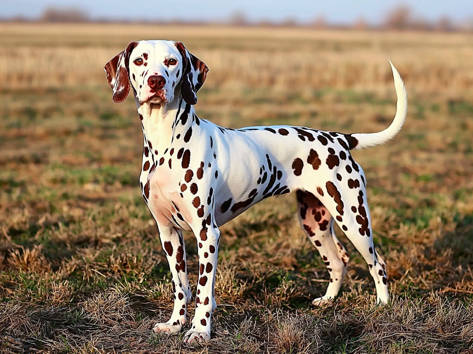 Dalmatian standing gracefully in an open field under clear skies