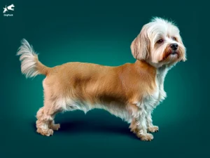 Dandie Dinmont Terrier dog breed full body view standing against green background