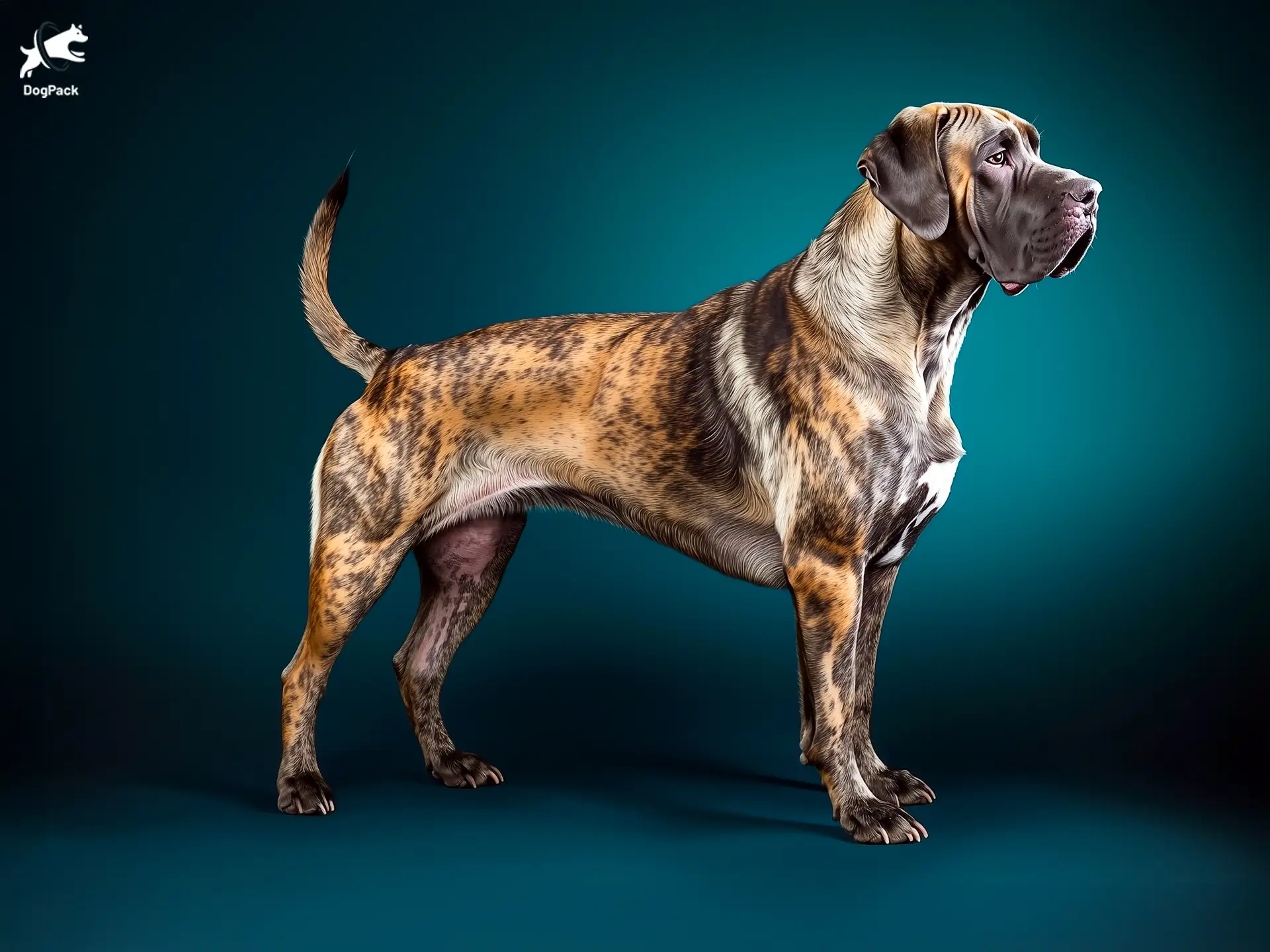 Daniff dog breed full body view standing against green background