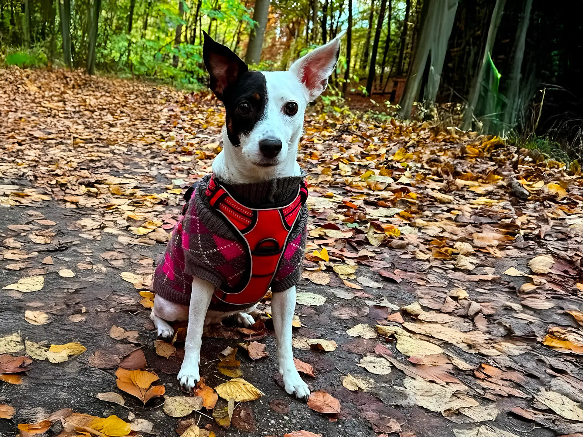 Danish-Swedish Farmdog wearing a sweater in a forest with fallen autumn leaves