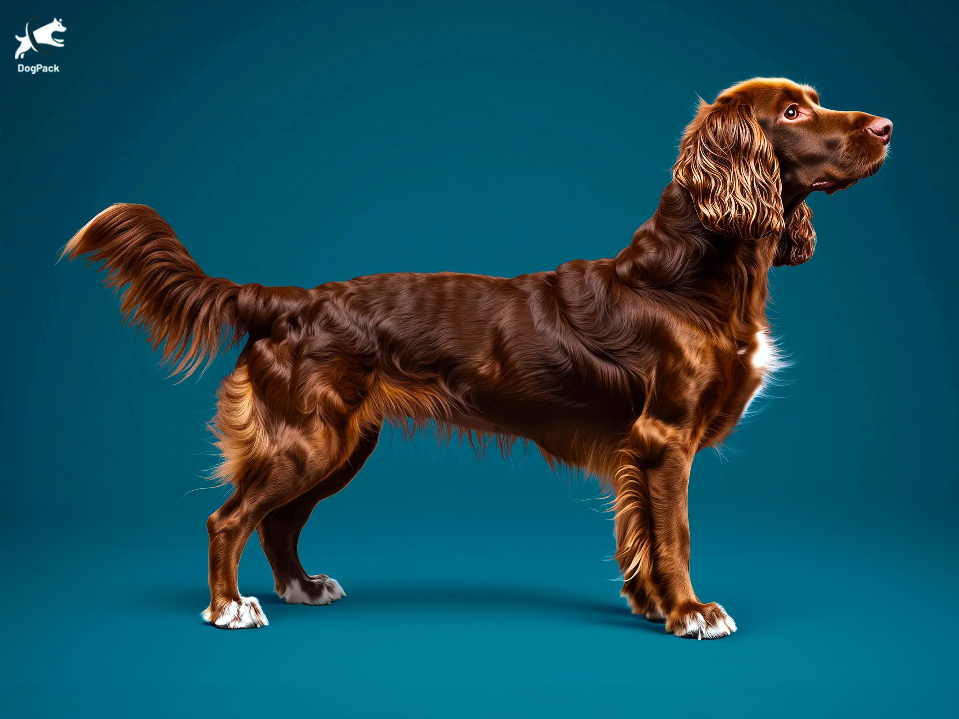 Deutscher Wachtelhund (German Spaniel) dog breed full body view standing against green background