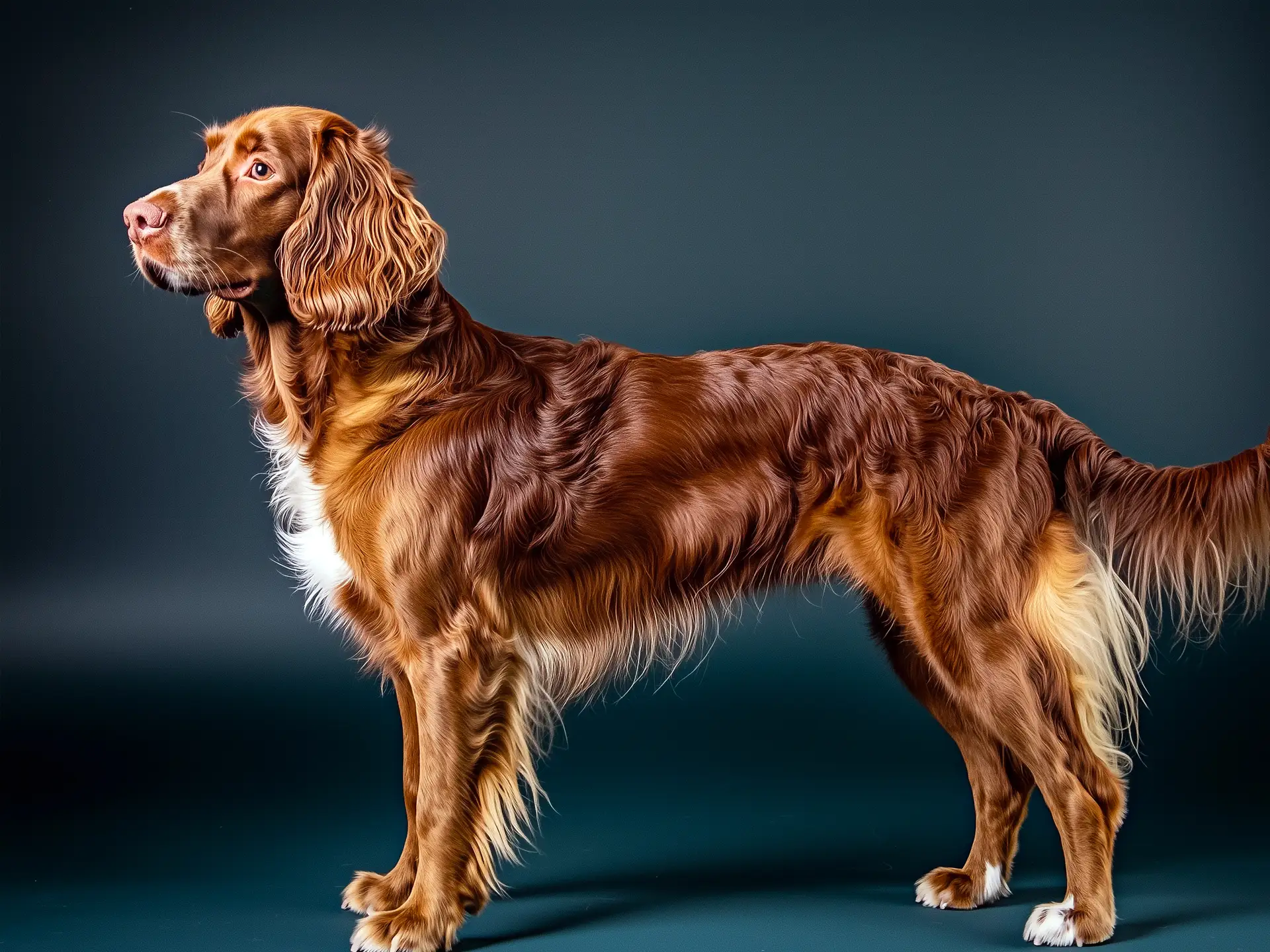 Side view of a German Spaniel with wavy brown fur on a dark blue background.