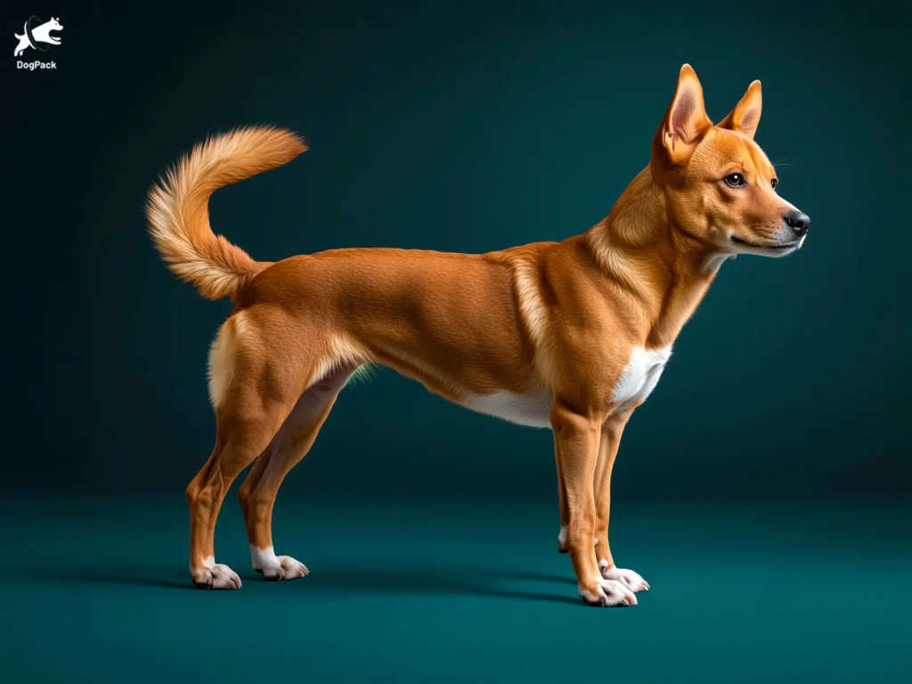 Dingo dog breed full body view standing against green background