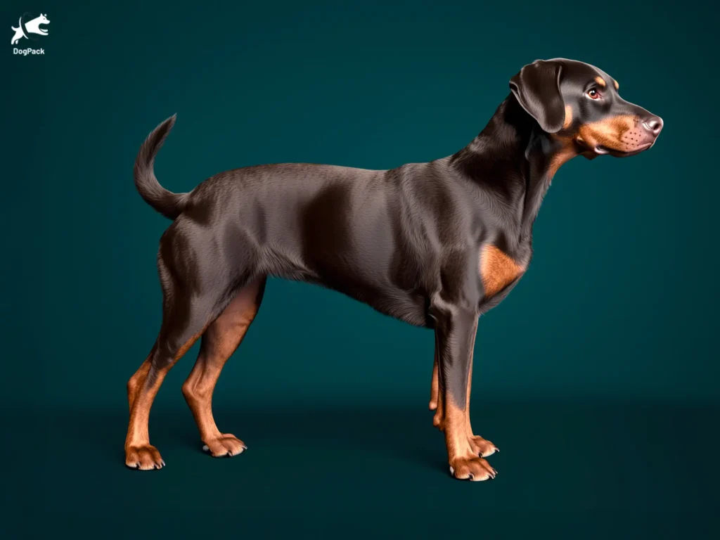 Doberdor dog breed full body view standing against green background