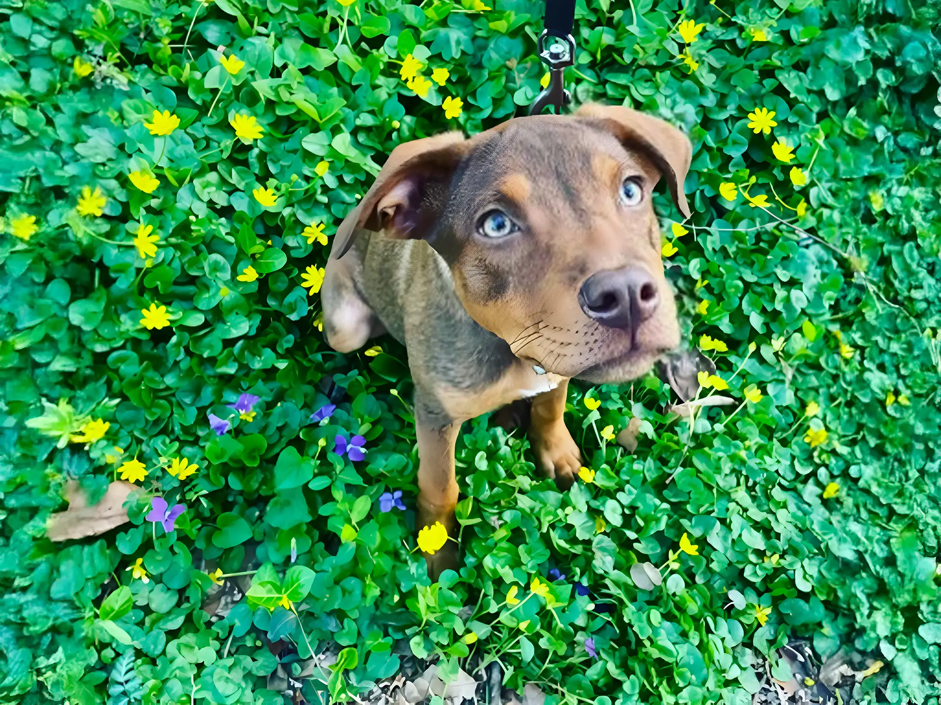 Doberdor puppy with light brown fur and blue eyes sitting on a bed of green foliage with yellow and purple flowers