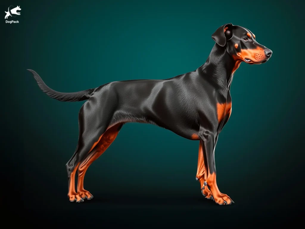 Doberman Pinscher dog breed full body view standing against green background