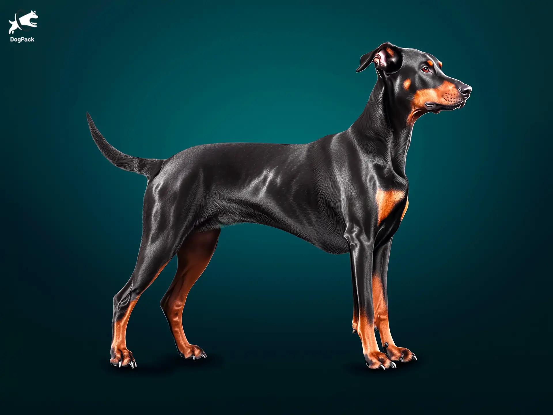 Doberman Pinscher dog breed full body view standing against green background