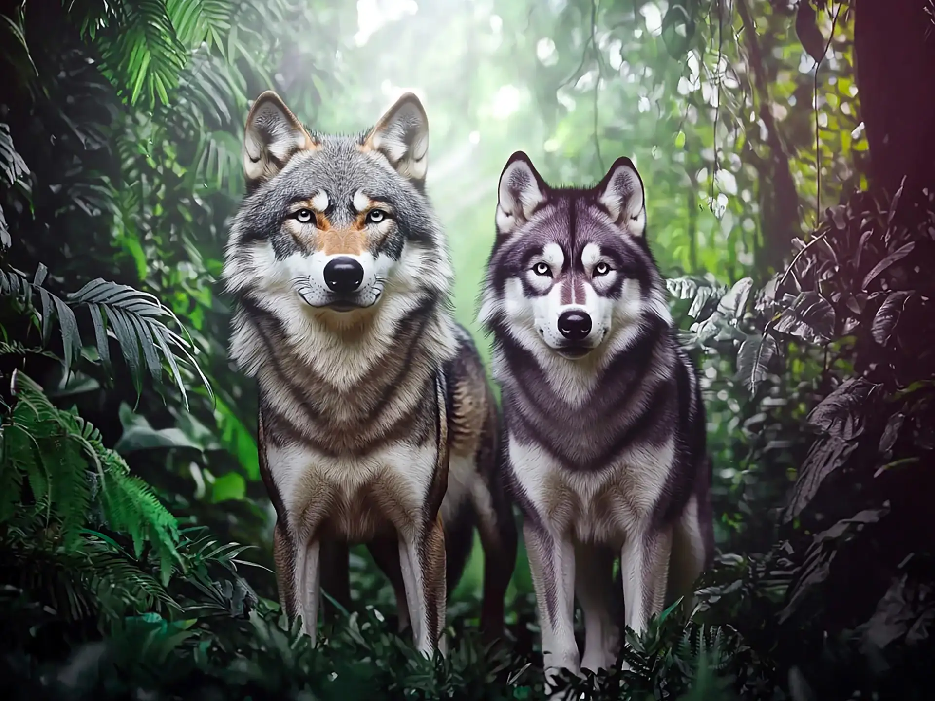 A wolf and a domestic dog standing side by side in a forest, representing the dog breeds closest to wolves