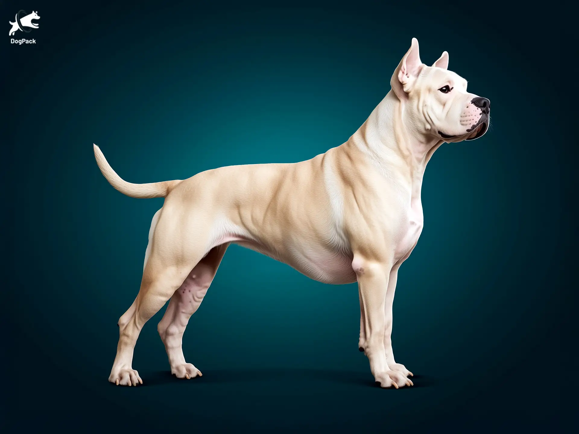 Dogo Argentino dog breed full body view standing against green background