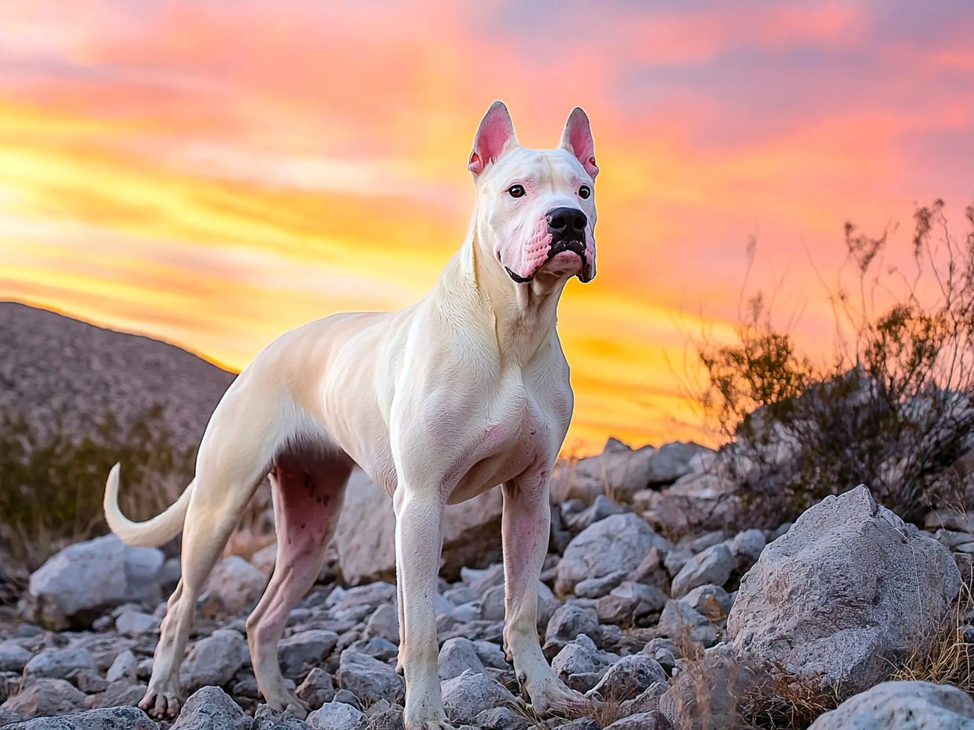 Dogo Argentino standing on a rocky hillside, showcasing its muscular build, sleek white coat, and powerful stance against a vibrant sunrise.