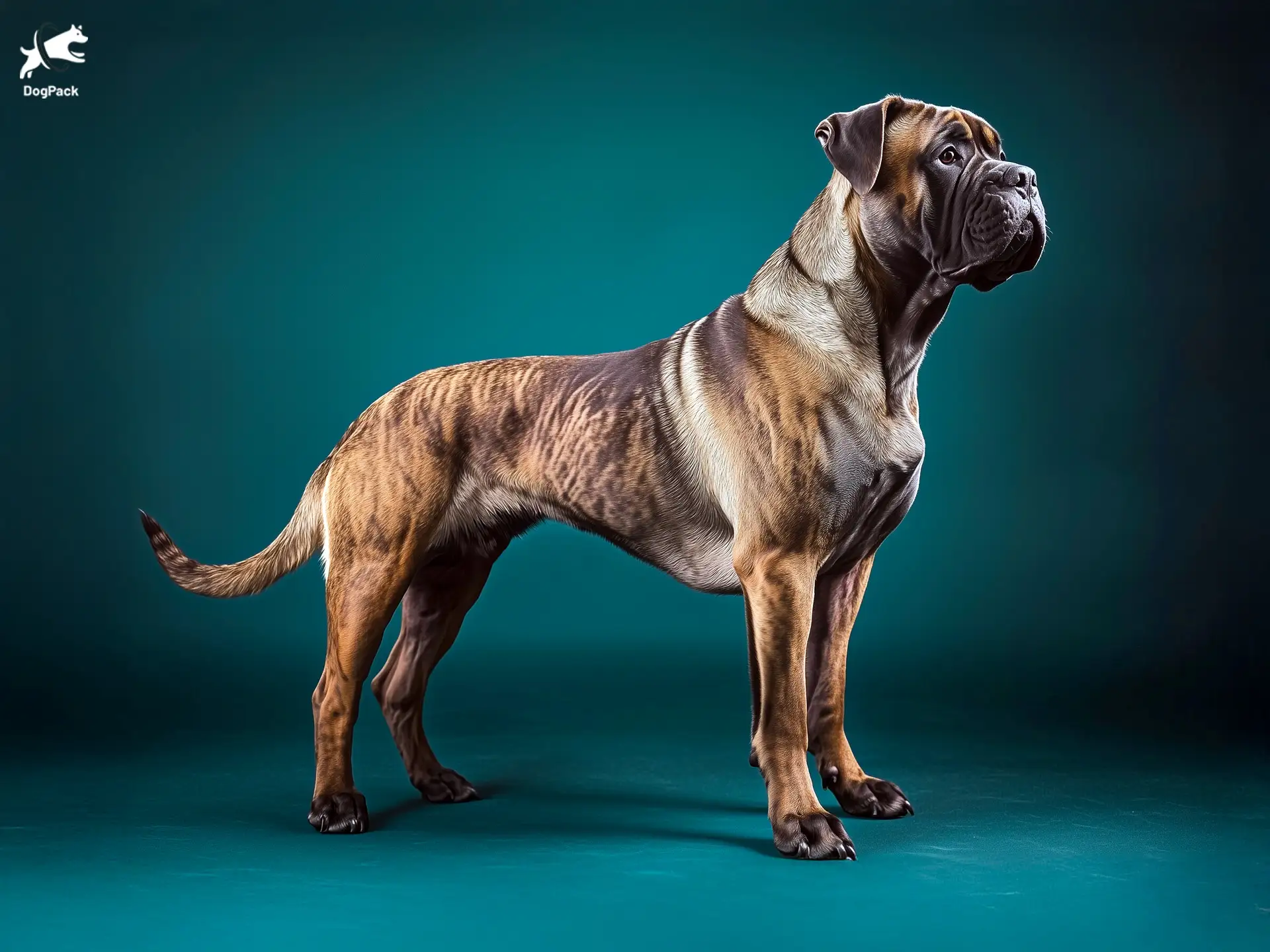 Dogo Español dog breed full body view standing against green background