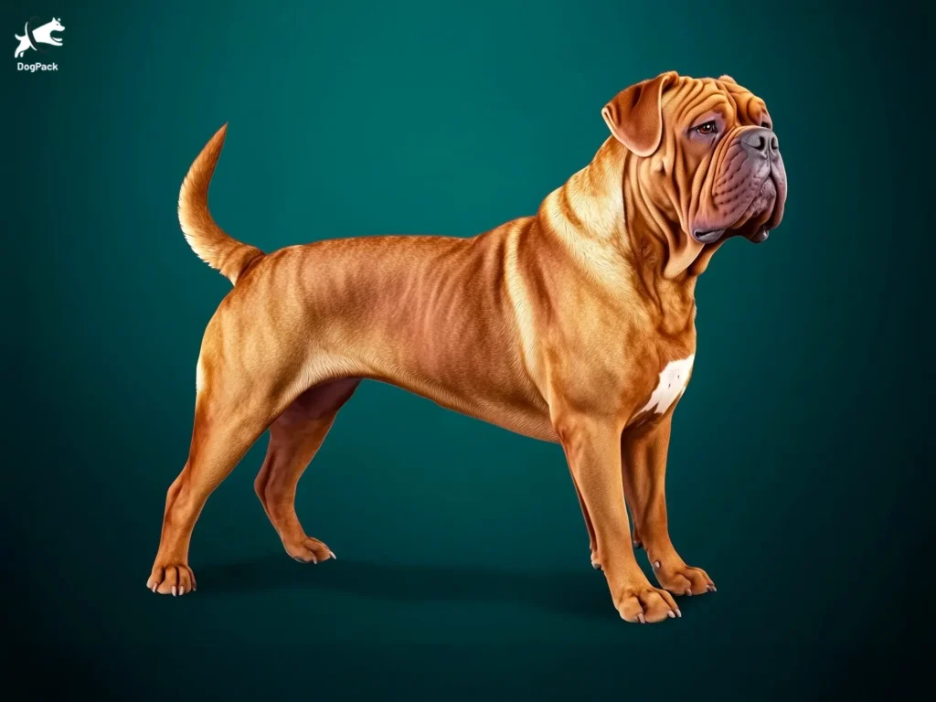 Dogue de Bordeaux dog breed full body view standing against green background