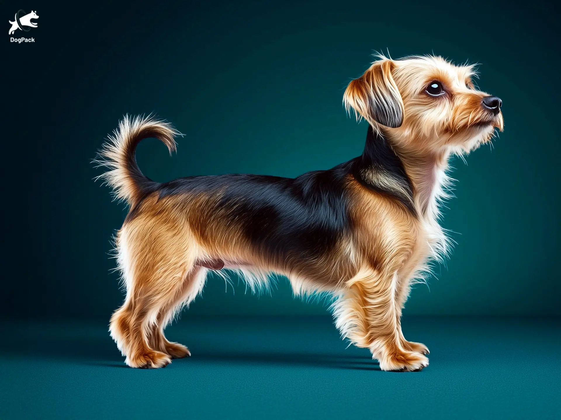 Dorkie dog breed full body view standing against green background