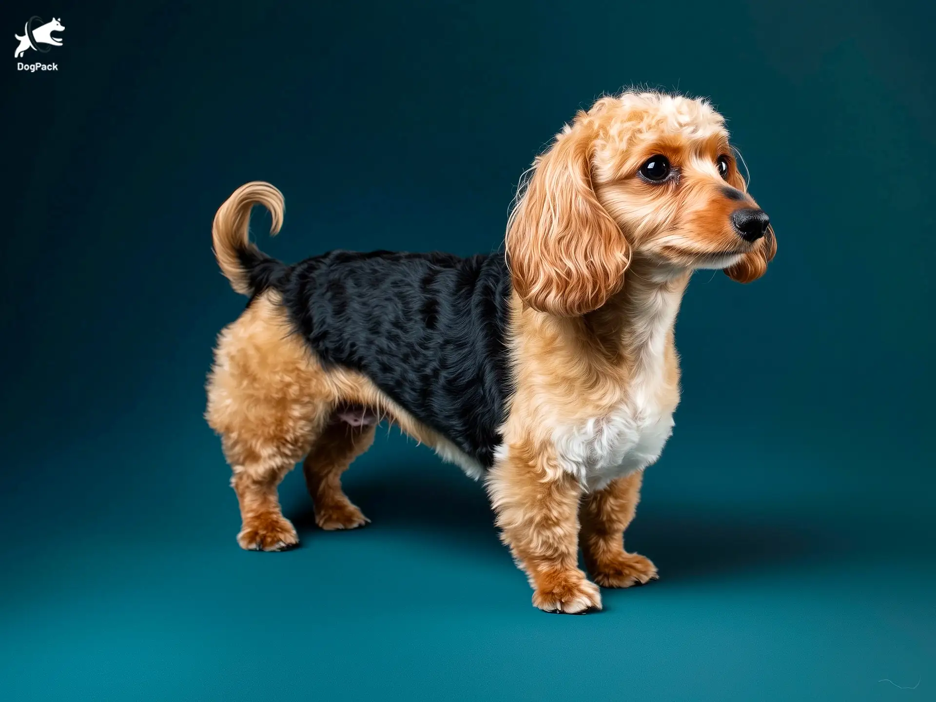 Doxiepoo dog breed full body view standing against green background