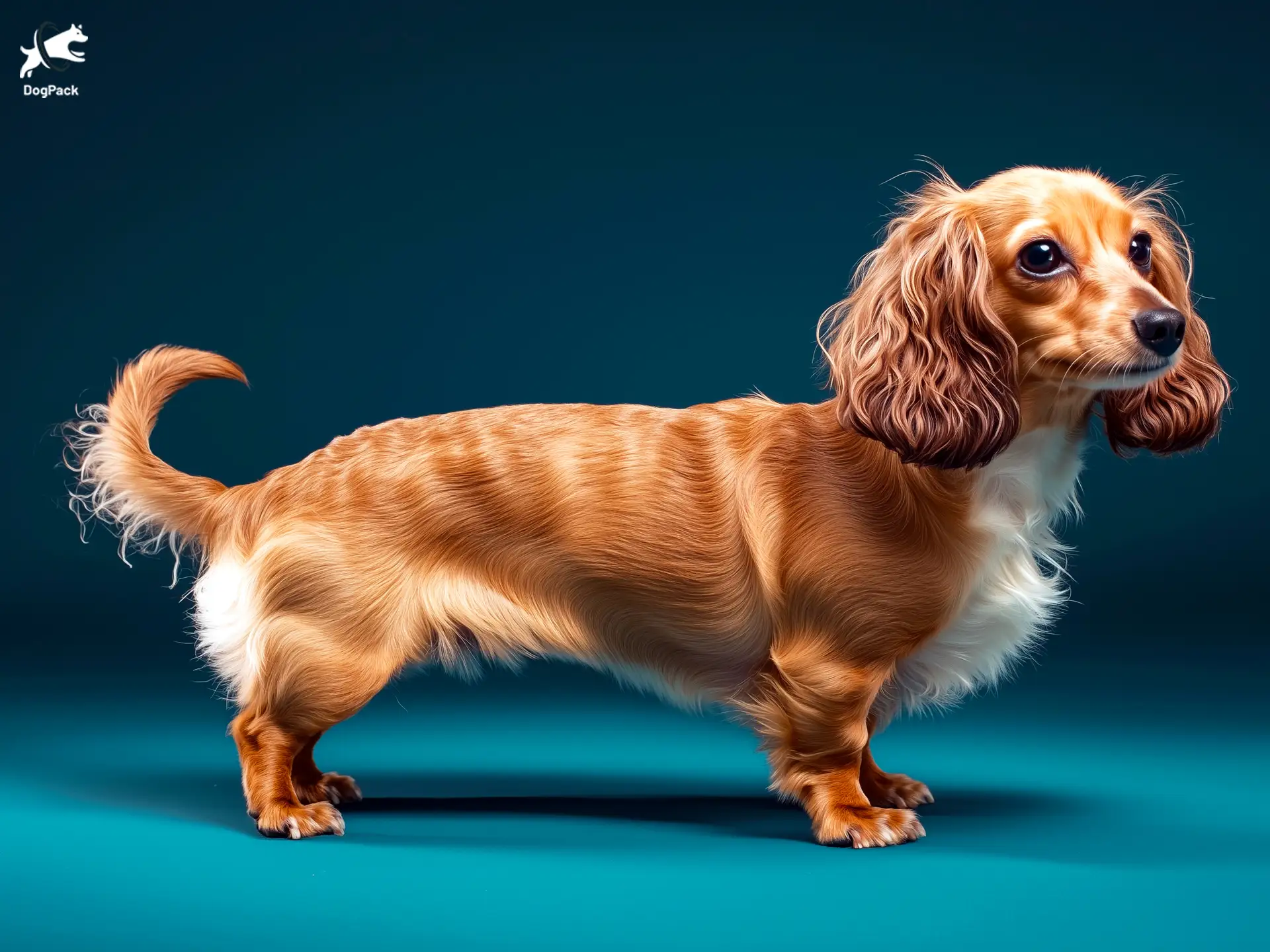 Doxiepoo dog breed full body view standing against green background