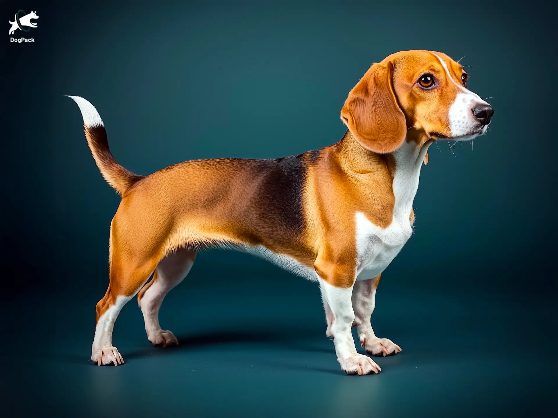 Doxle dog breed full body view standing against green background