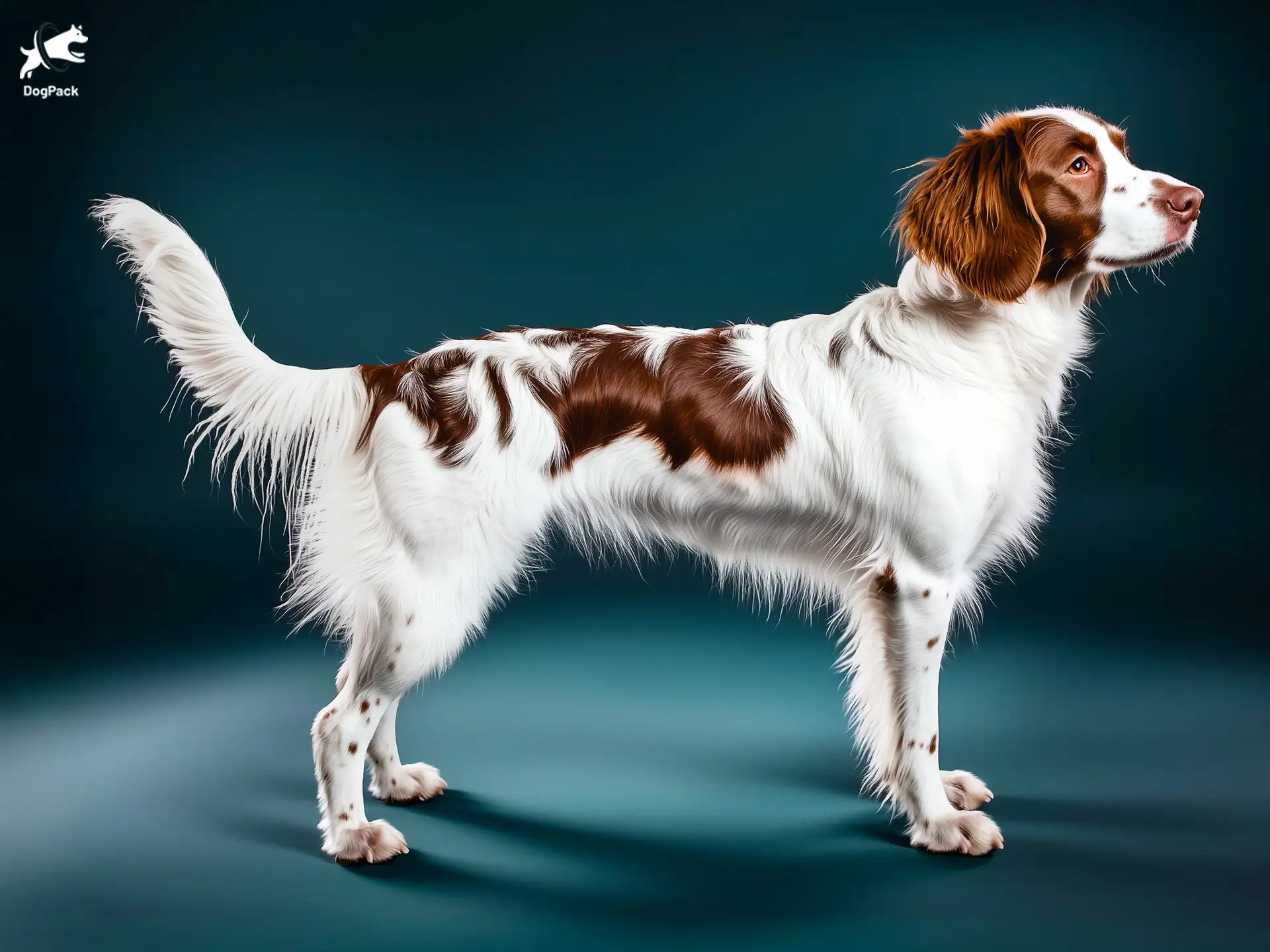 Drentsche Patrijshond dog breed full body view standing against green background