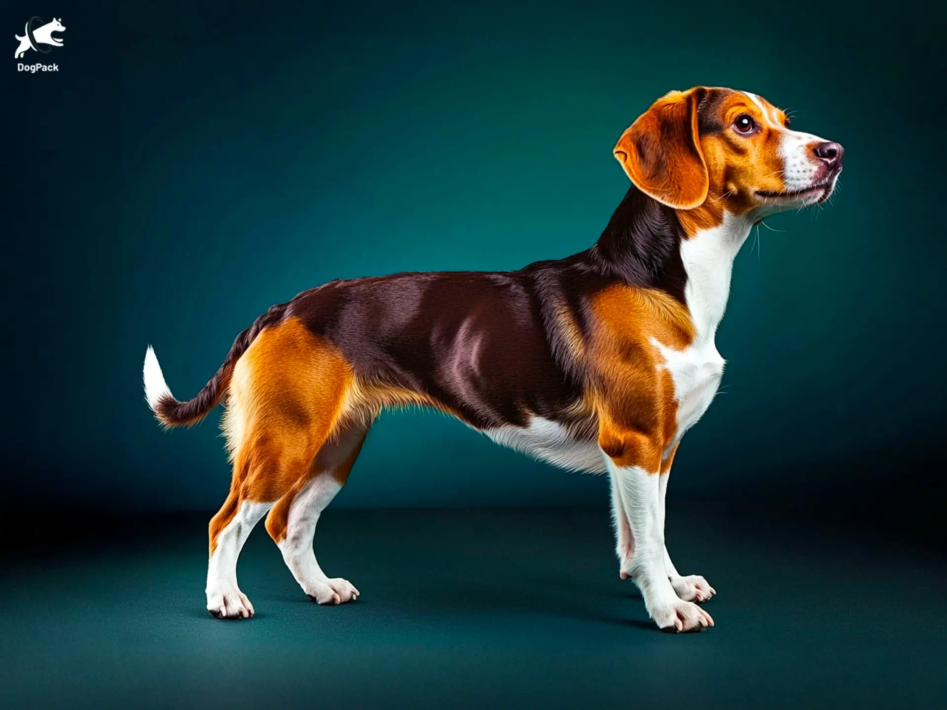 Drever dog breed full body view standing against green background