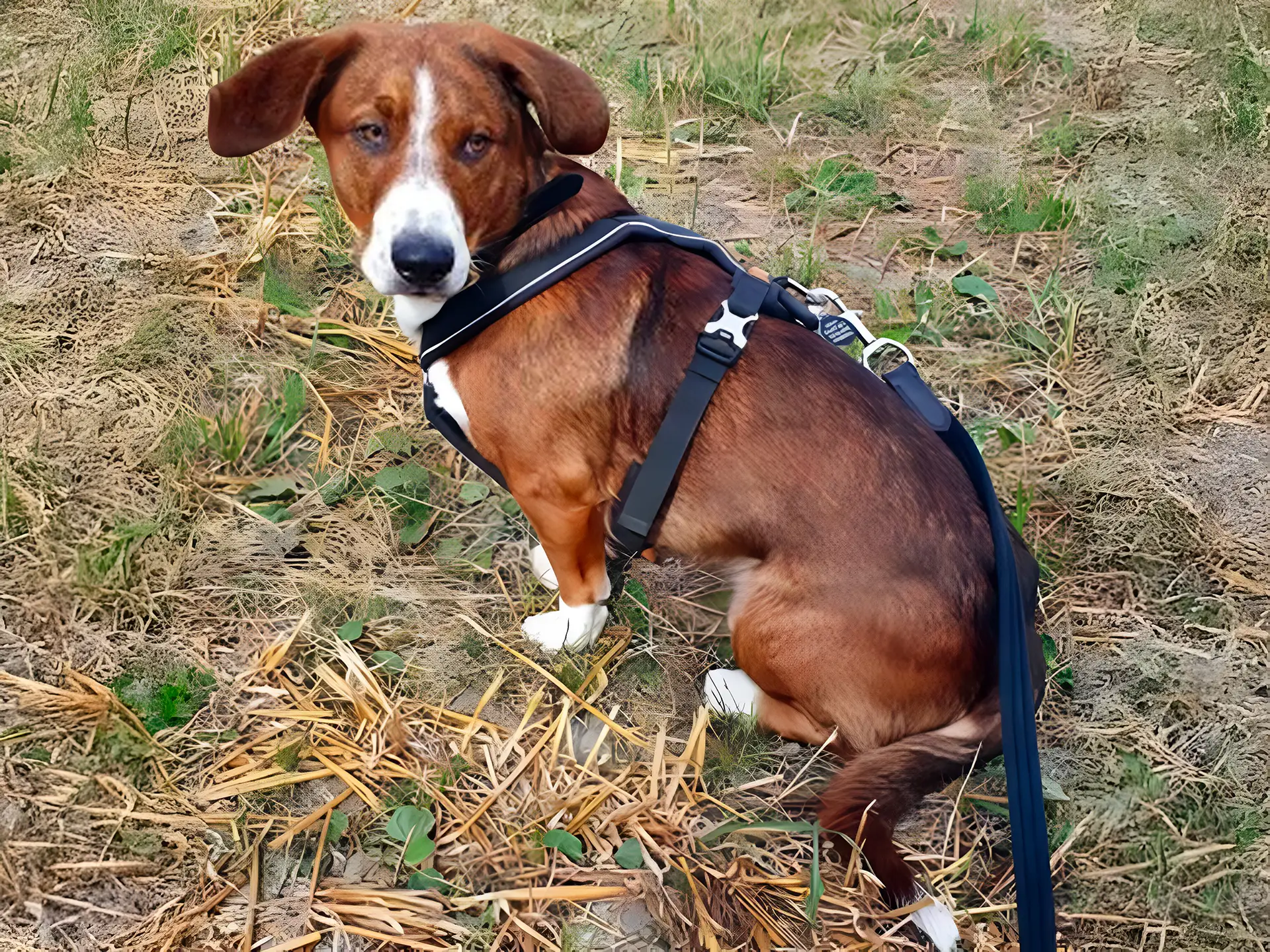 Drever dog with a brown and white coat, wearing a harness, sitting outdoors on a grassy and straw-covered ground