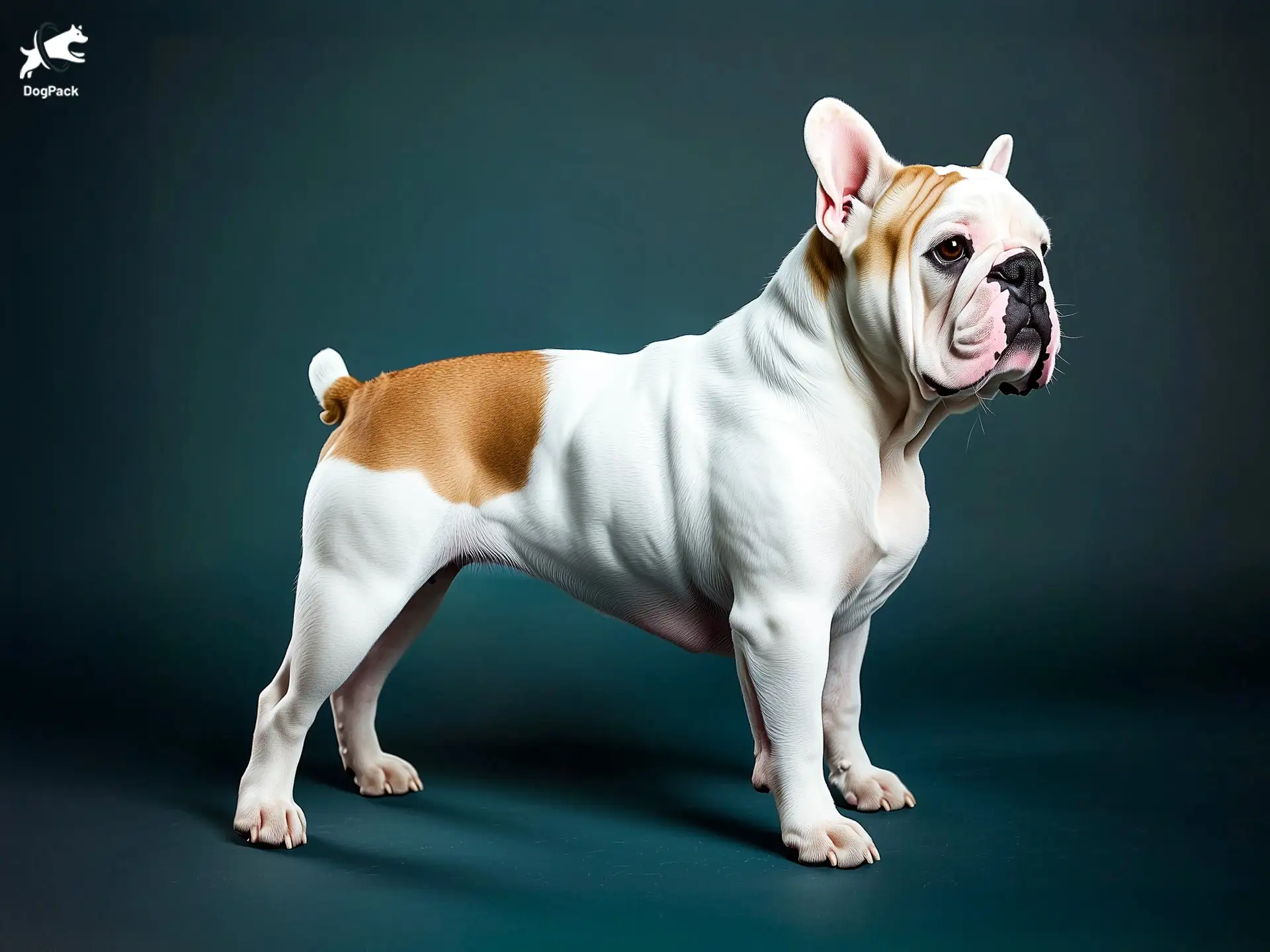 English Bulldog dog breed full body view standing against green background