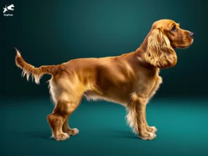 English Cocker Spaniel dog breed full body view standing against green background