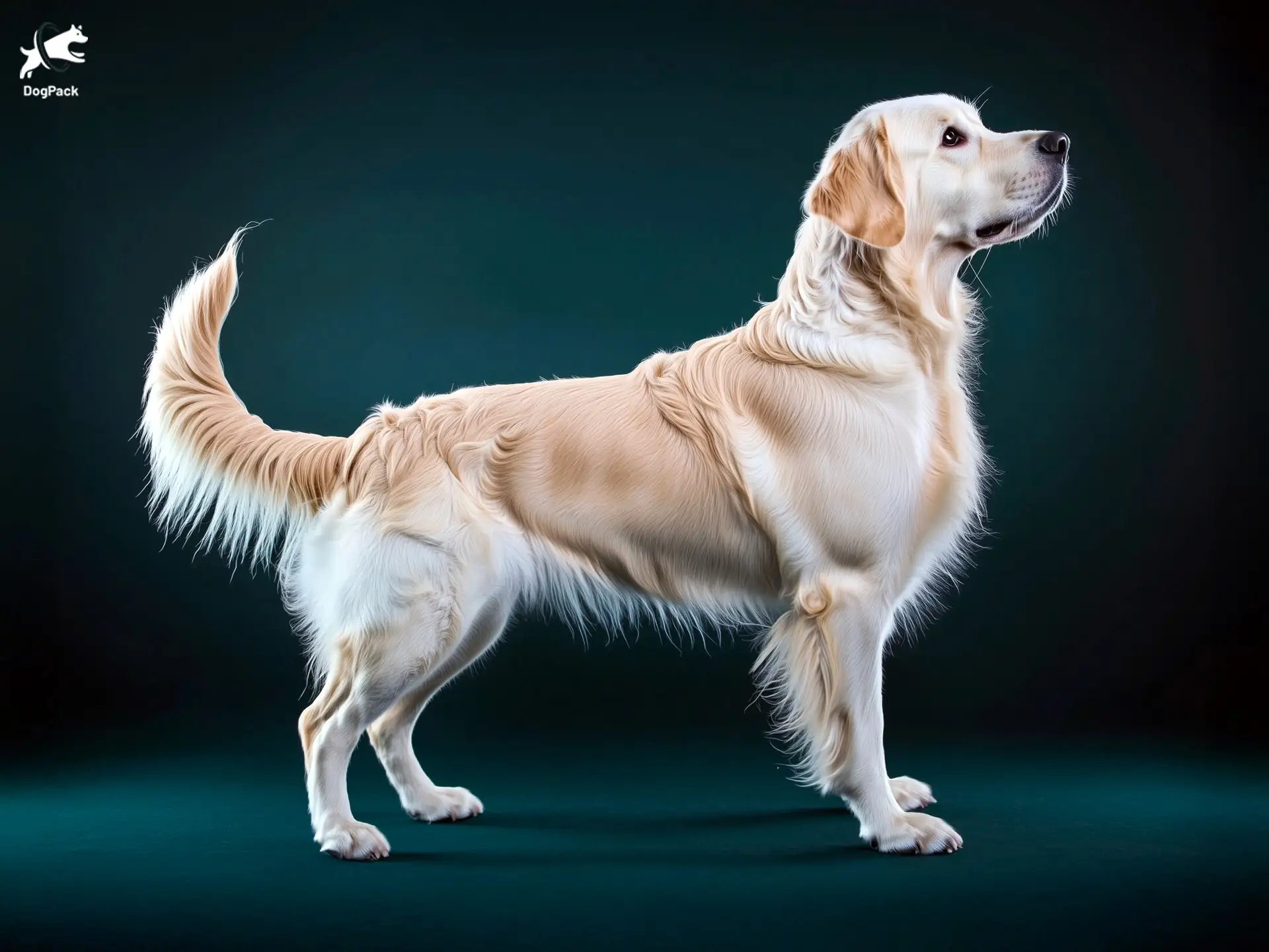 English Cream Golden Retriever dog breed full body view standing against green background