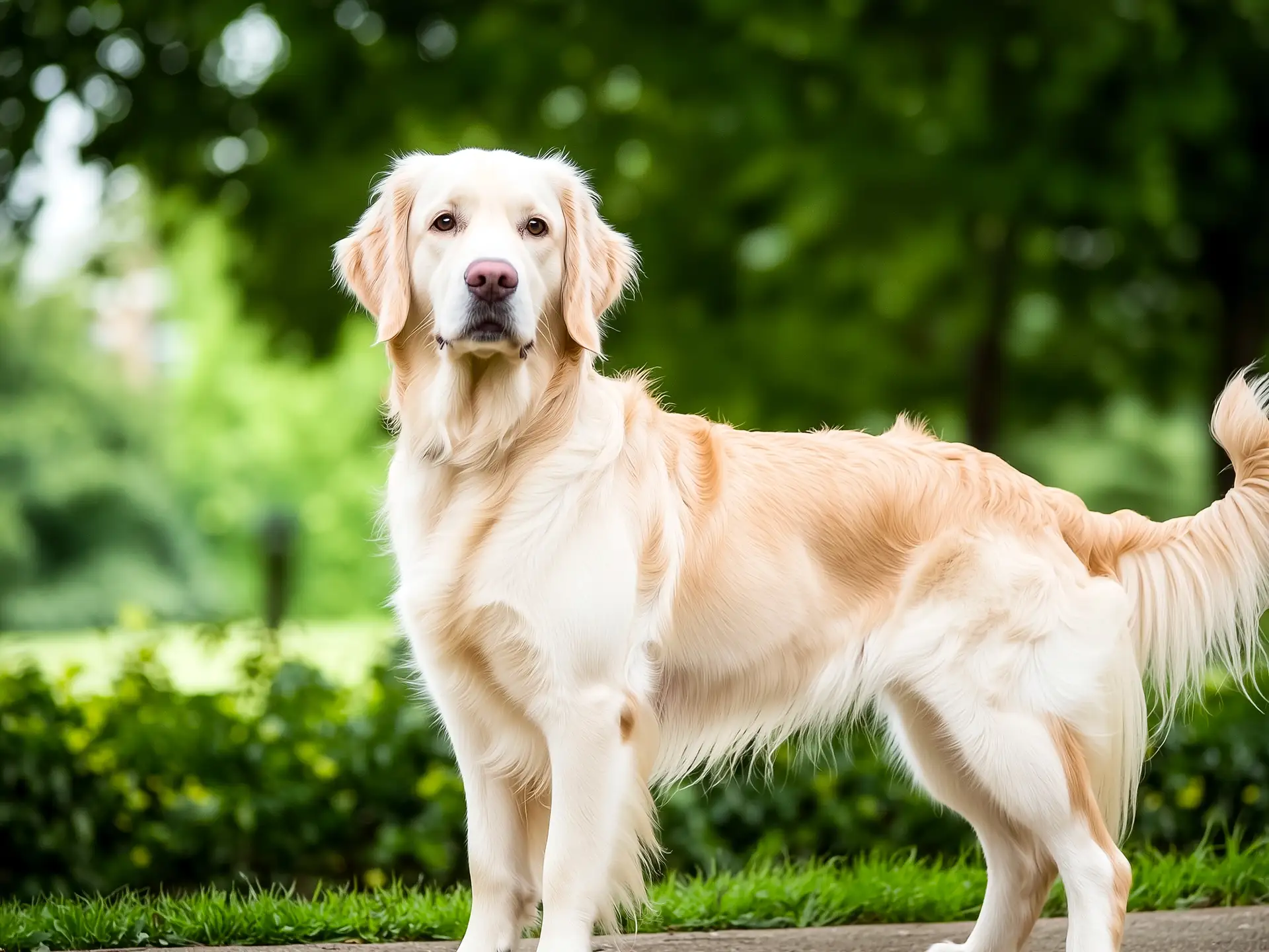 Full-body image of an English Cream Golden Retriever in a natural setting