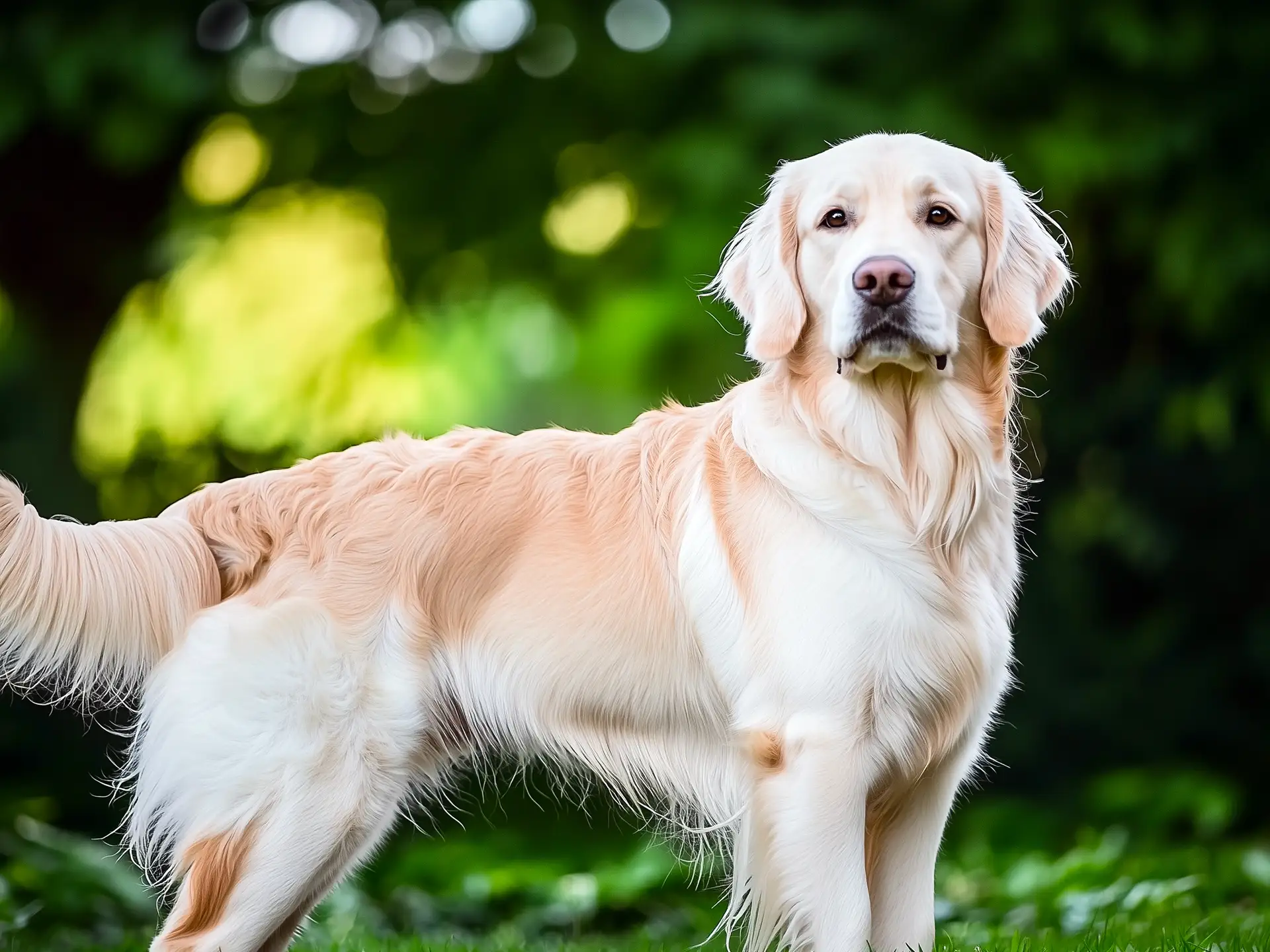 English Cream Golden Retriever standing in greenery.