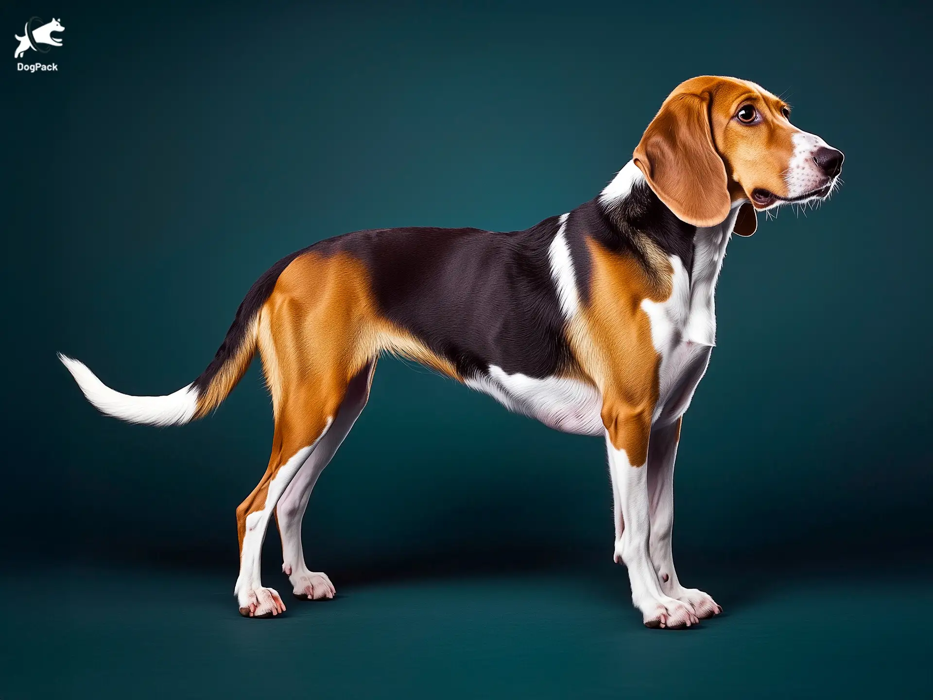 English Foxhound dog breed full body view standing against green background