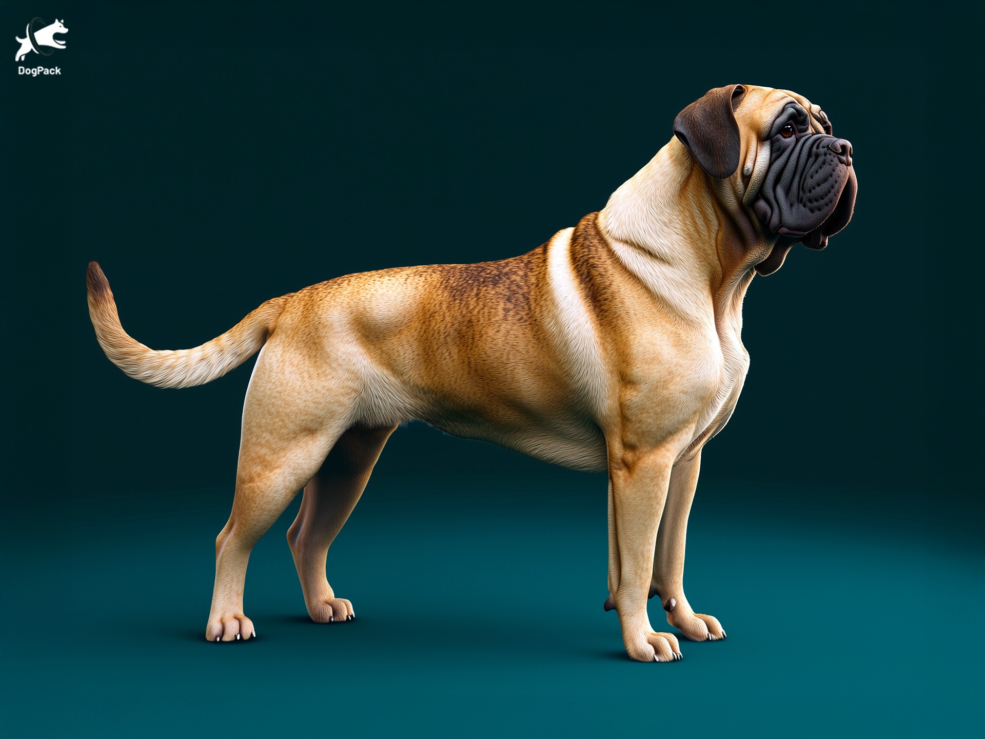 English Mastiff dog breed full body view standing against green background