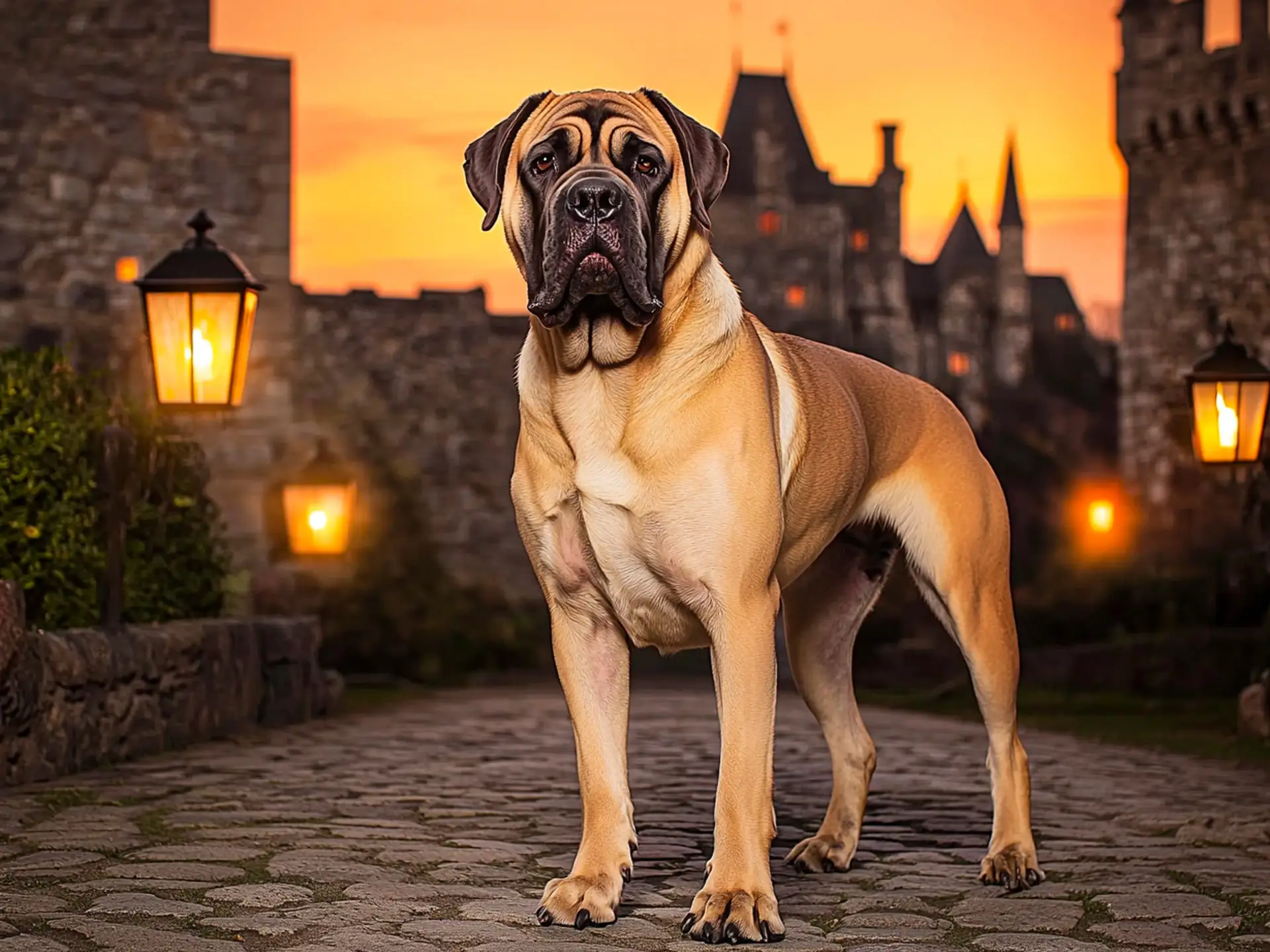 English Mastiff standing on a cobblestone path, showcasing its massive build, broad chest, and protective stance in front of an old stone castle.