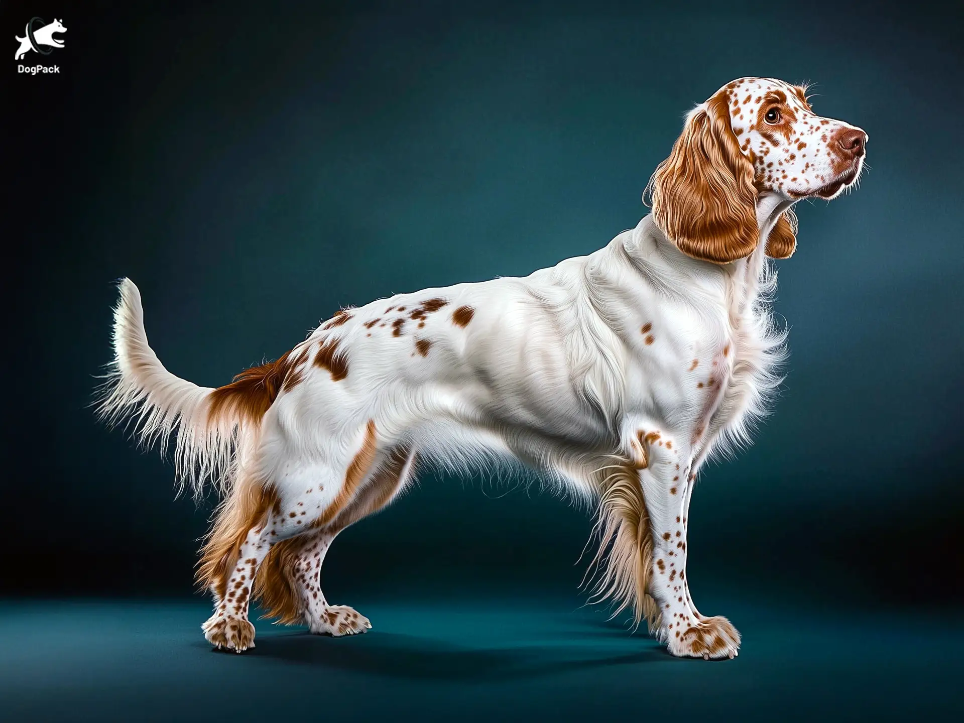 English Setter dog breed full body view standing against green background